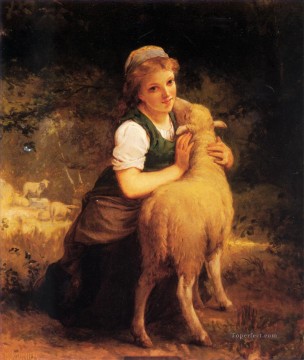 子羊エミール・ムニエのペットの子供を持つ若い女の子 Oil Paintings